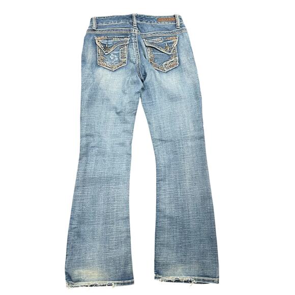 Ariya Jeans Sz 7/8 Y2K Flare Low Rise Flap Pocket Embroidered Distressed Stretch - Picture 1 of 10